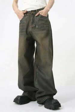 Vintage Coated Baggy Jeans - Y2K Aesthetic Denim - Grunge Style Cargo Skirt - Coquette Fashion