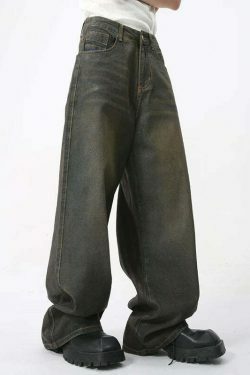 Vintage Coated Baggy Jeans - Y2K Aesthetic Denim - Grunge Style Cargo Skirt - Coquette Fashion