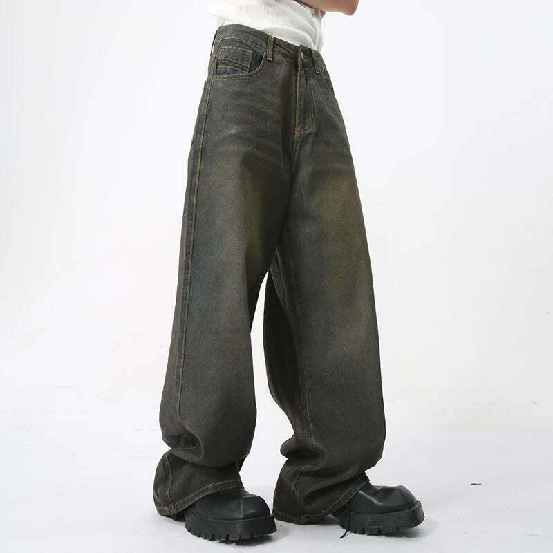 Vintage Coated Baggy Jeans - Y2K Aesthetic Denim - Grunge Style Cargo Skirt - Coquette Fashion