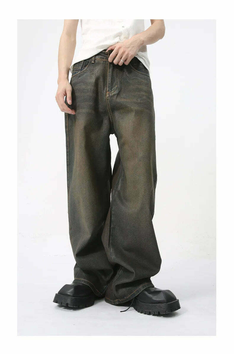 Vintage Coated Baggy Jeans - Y2K Aesthetic Denim - Grunge Style Cargo Skirt - Coquette Fashion