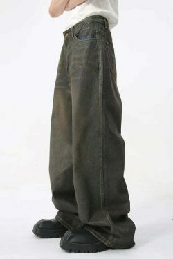 Vintage Coated Baggy Jeans - Y2K Aesthetic Denim - Grunge Style Cargo Skirt - Coquette Fashion