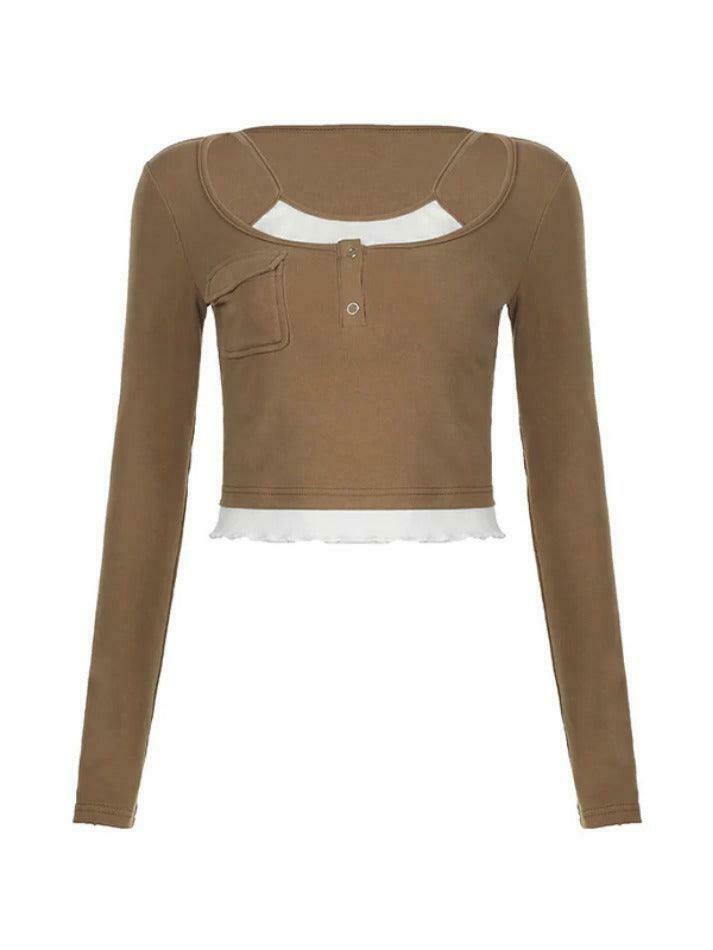 Vintage Contrast Fake Two Piece Cropped Long Sleeve Tee