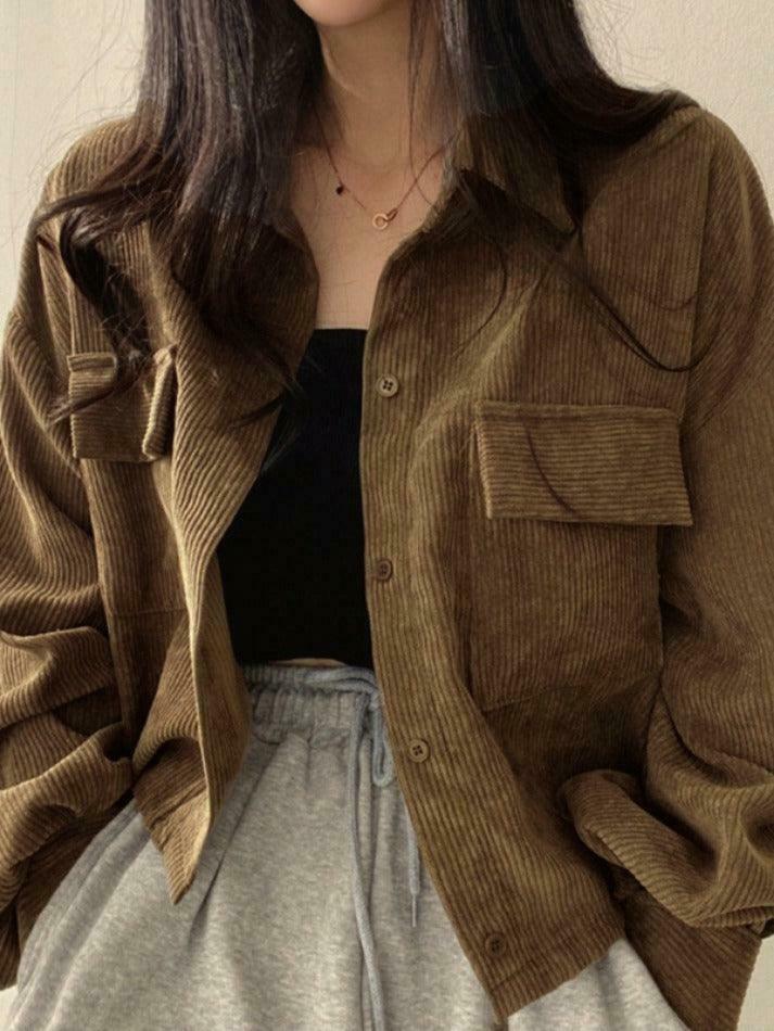 Vintage Corduroy Lapel Neck Button Blouse - Y2K Fashion Staple for Coquette & Grunge