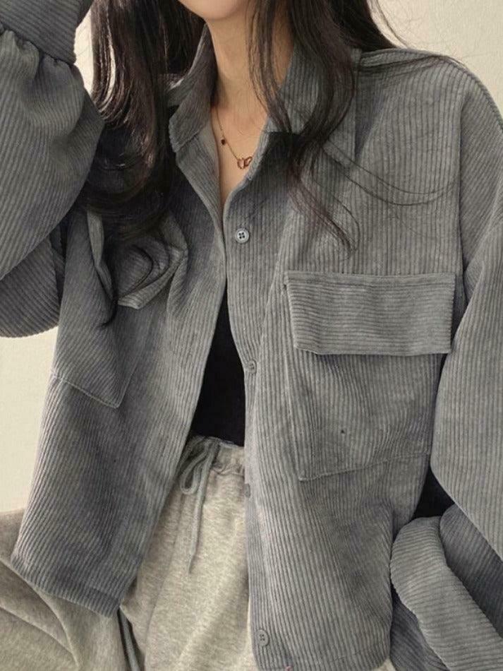Vintage Corduroy Lapel Neck Button Blouse - Y2K Fashion Staple for Coquette & Grunge