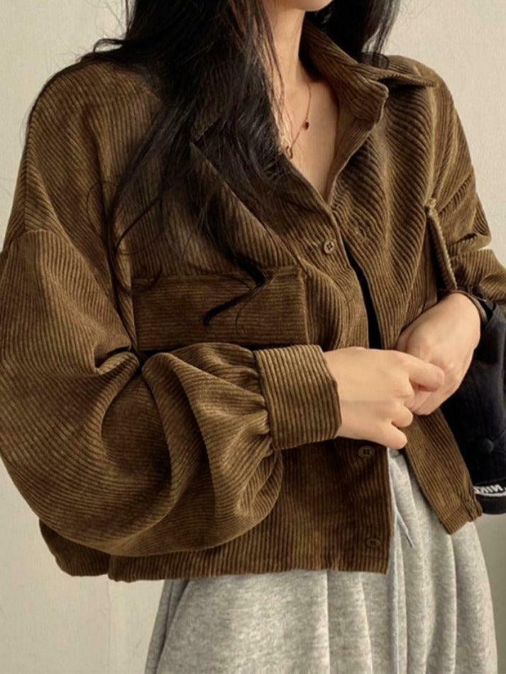 Vintage Corduroy Lapel Neck Button Blouse - Y2K Fashion Staple for Coquette & Grunge