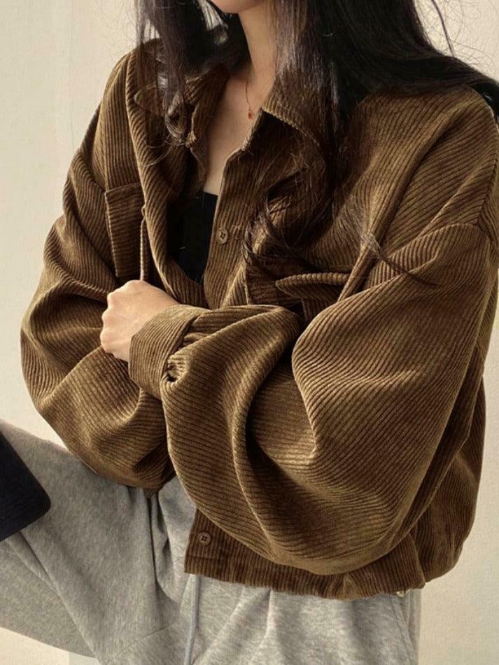 Vintage Corduroy Lapel Neck Button Blouse - Y2K Fashion Staple for Coquette & Grunge