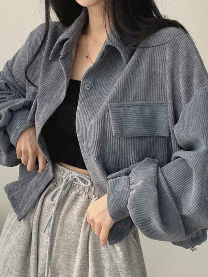Vintage Corduroy Lapel Neck Button Blouse - Y2K Fashion Staple for Coquette & Grunge