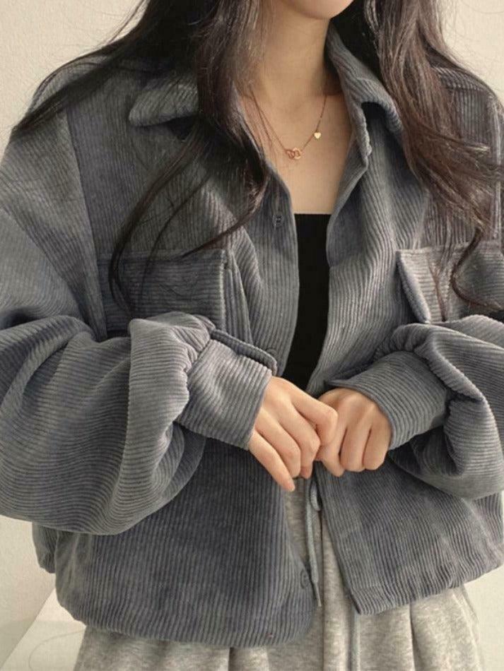 Vintage Corduroy Lapel Neck Button Blouse - Y2K Fashion Staple for Coquette & Grunge