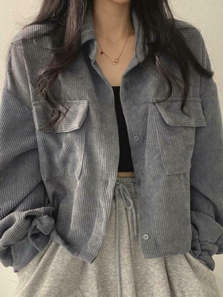 Vintage Corduroy Lapel Neck Button Blouse - Y2K Fashion Staple for Coquette & Grunge
