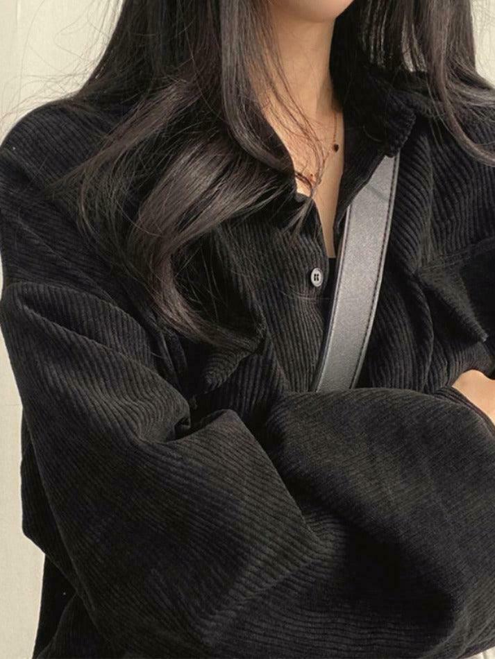 Vintage Corduroy Lapel Neck Button Blouse - Y2K Fashion Staple for Coquette & Grunge