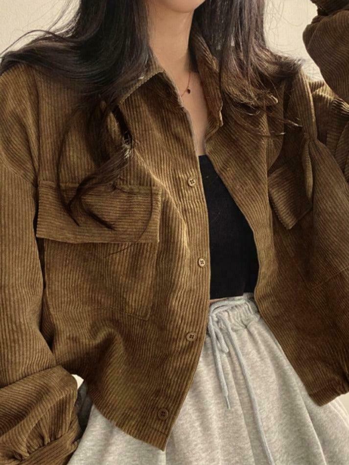 Vintage Corduroy Lapel Neck Button Blouse - Y2K Fashion Staple for Coquette & Grunge