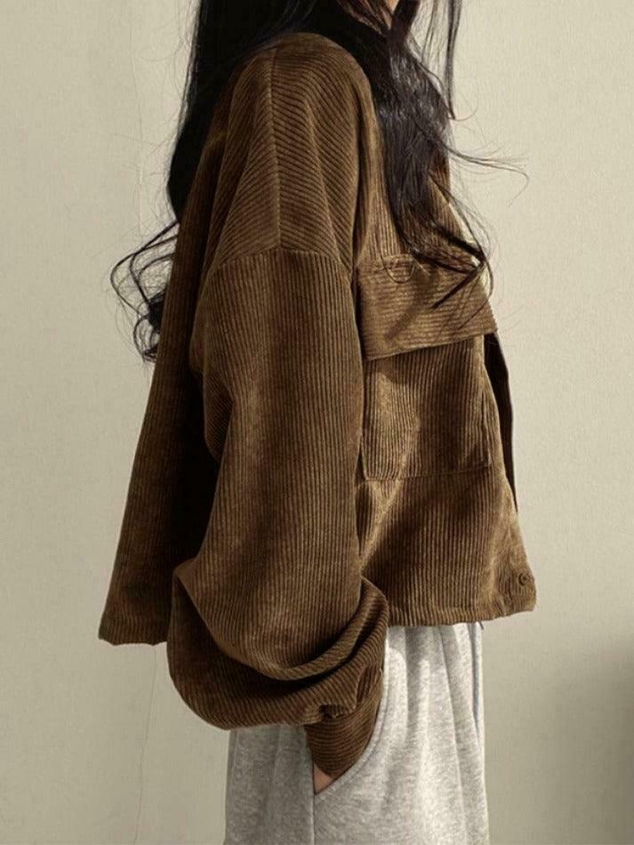 Vintage Corduroy Lapel Neck Button Blouse - Y2K Fashion Staple for Coquette & Grunge