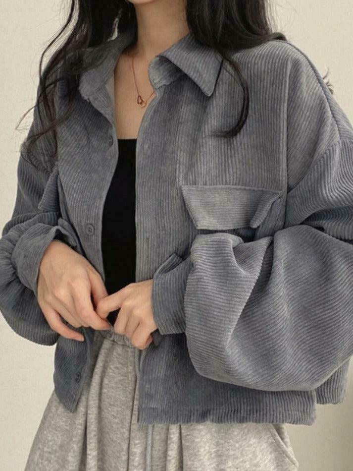 Vintage Corduroy Lapel Neck Button Blouse - Y2K Fashion Staple for Coquette & Grunge