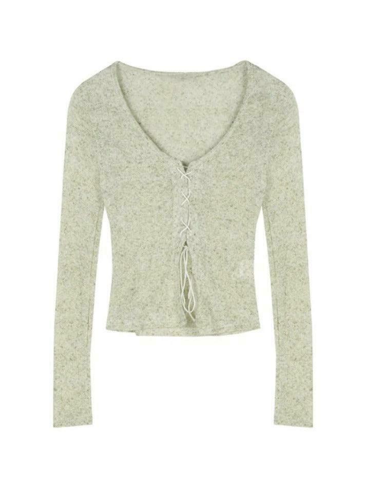 Vintage Cross Lace Up V Neck Long Sleeve Knit Sweater