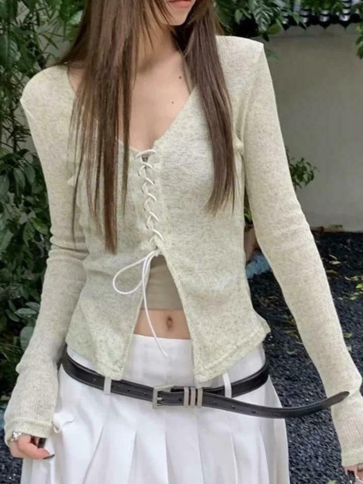 Vintage Cross Lace Up V Neck Long Sleeve Knit Sweater