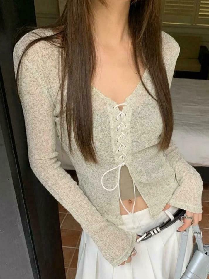 Vintage Cross Lace Up V Neck Long Sleeve Knit Sweater