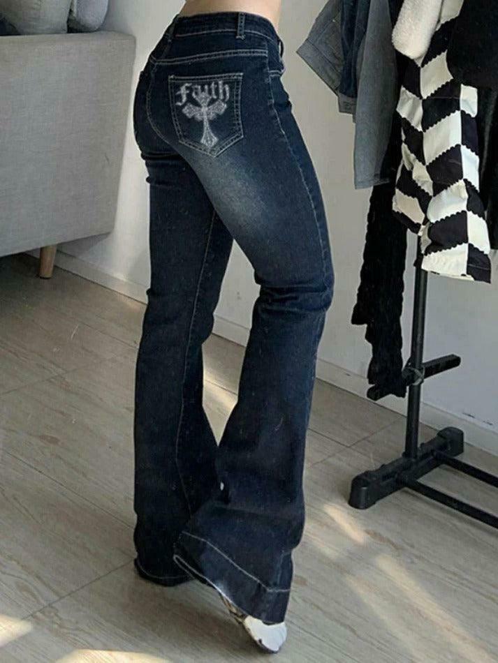Vintage Cross Rhinestone Print Flare Jeans - Y2K Fashion Statement Piece with Unique Aesthetic