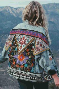Vintage Denim Jacket with Boho Floral Appliques - Y2K Aesthetic Outerwear for Women