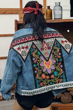 Vintage Denim Jacket with Boho Floral Appliques - Y2K Aesthetic Outerwear for Women
