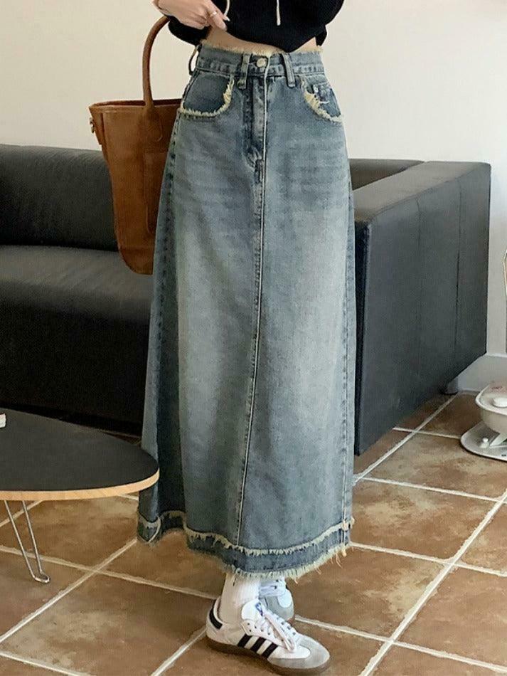 Vintage Denim Midi Skirt with Raw Edge Hem - Y2K Fashion Aesthetic for Women