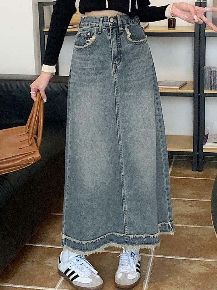 Vintage Denim Midi Skirt with Raw Edge Hem - Y2K Fashion Aesthetic for Women