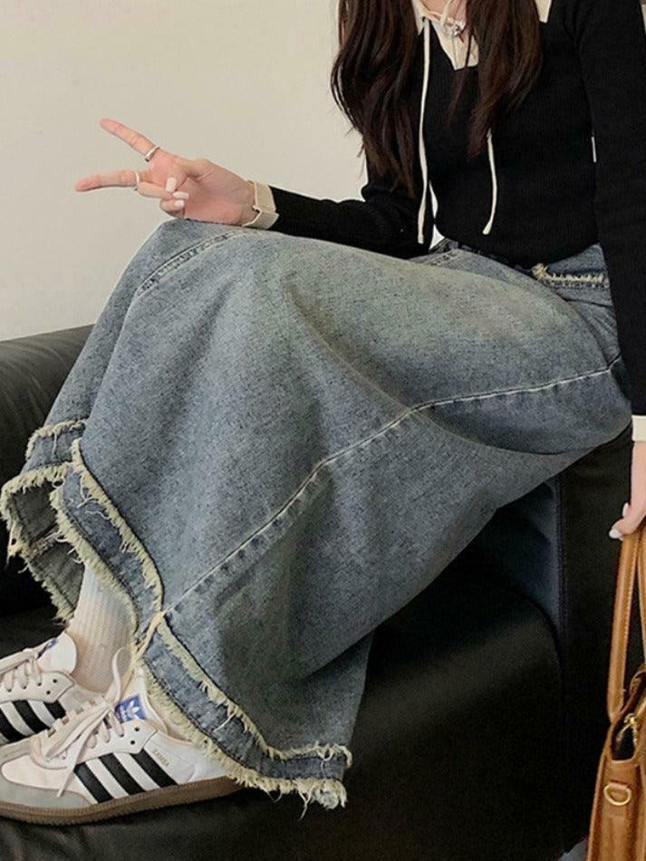 Vintage Denim Midi Skirt with Raw Edge Hem - Y2K Fashion Aesthetic for Women