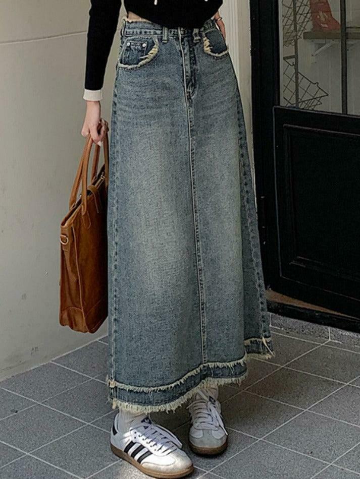 Vintage Denim Midi Skirt with Raw Edge Hem - Y2K Fashion Aesthetic for Women
