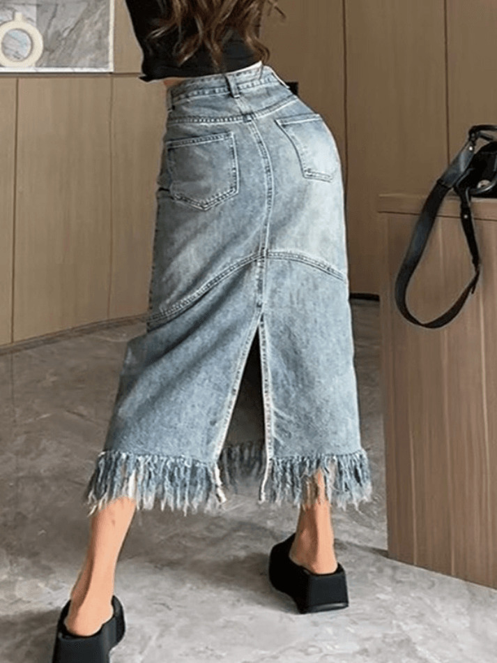 Vintage Denim Skirt with Fringed Detail - Y2K Fashion Statement for Women