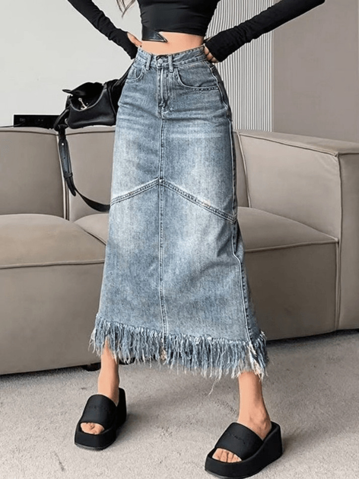 Vintage Denim Skirt with Fringed Detail - Y2K Fashion Statement for Women