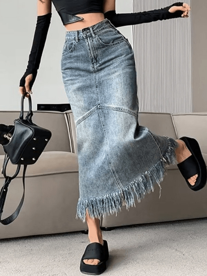 Vintage Denim Skirt with Fringed Detail - Y2K Fashion Statement for Women
