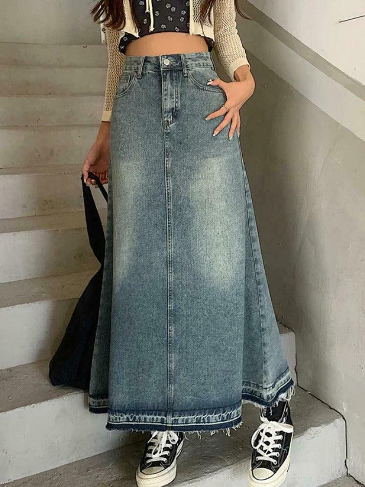 Vintage Distressed Frayed Hem A-Line Cargo Skirt for Y2K Fashion Enthusiasts