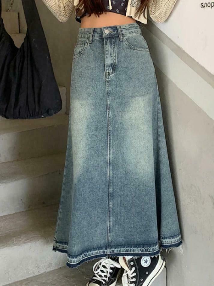Vintage Distressed Frayed Hem A-Line Cargo Skirt for Y2K Fashion Enthusiasts