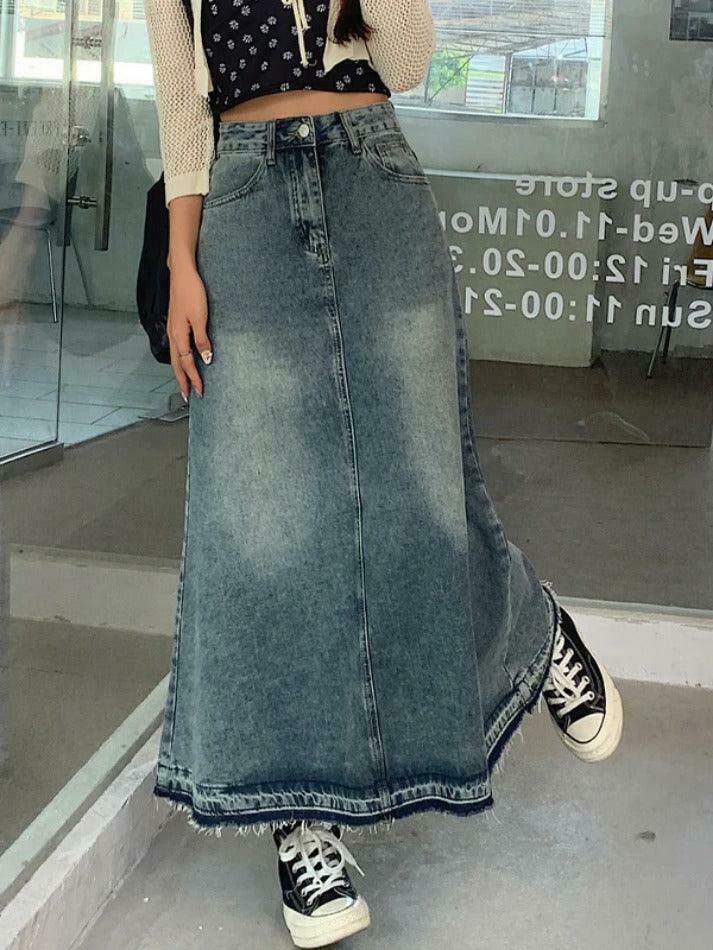 Vintage Distressed Frayed Hem A-Line Cargo Skirt for Y2K Fashion Enthusiasts