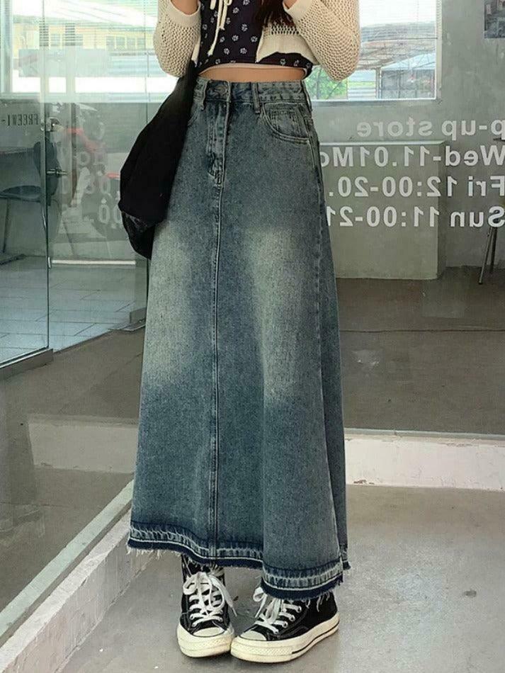 Vintage Distressed Frayed Hem A-Line Cargo Skirt for Y2K Fashion Enthusiasts