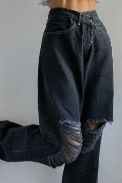 Vintage Distressed High Waisted Jeans - Y2K Fashion with Grunge Aesthetic and Coquette Style