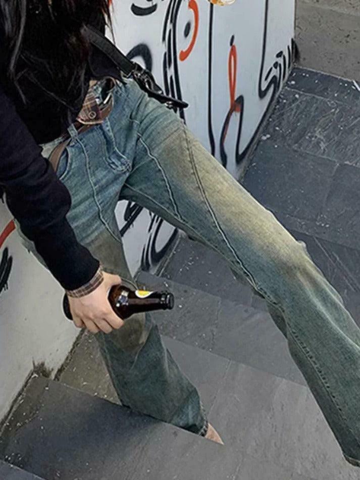 Vintage Distressed Splice Flare Jeans - Y2K Fashion Aesthetic Women's Denim Pants