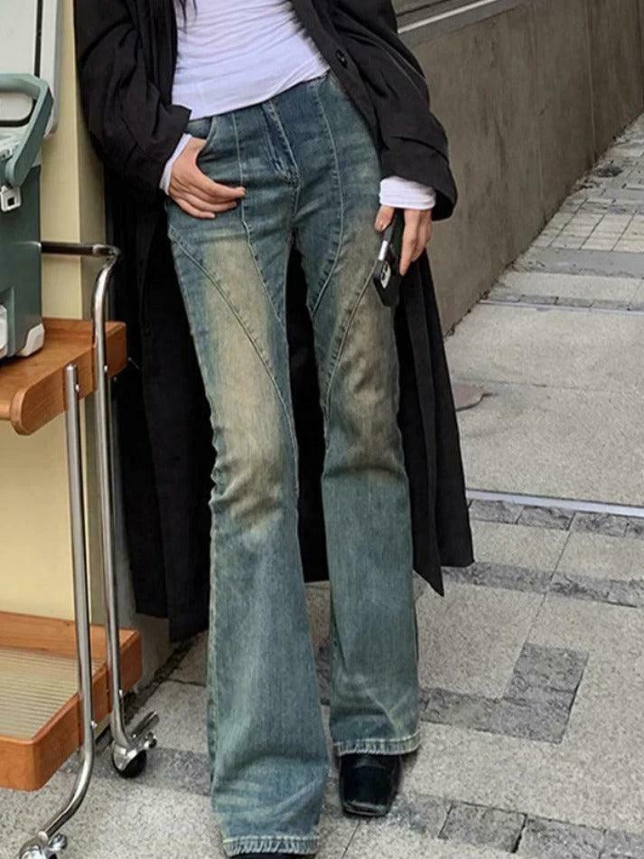 Vintage Distressed Splice Flare Jeans - Y2K Fashion Aesthetic Women's Denim Pants