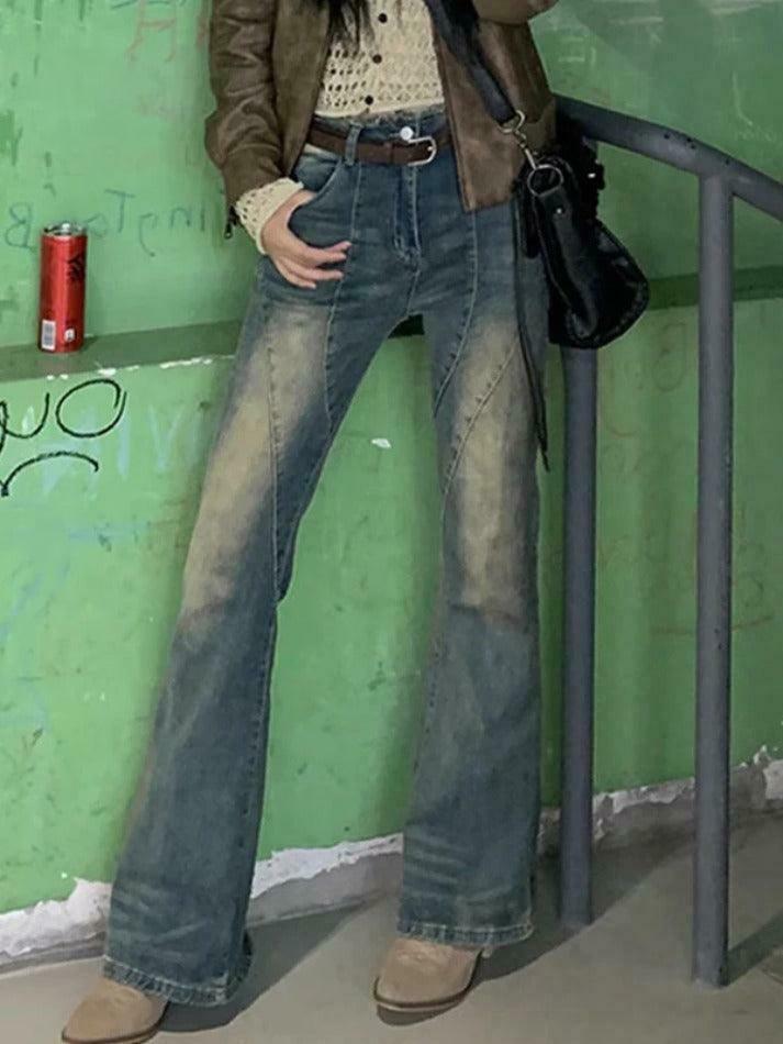 Vintage Distressed Splice Flare Jeans - Y2K Fashion Aesthetic Women's Denim Pants