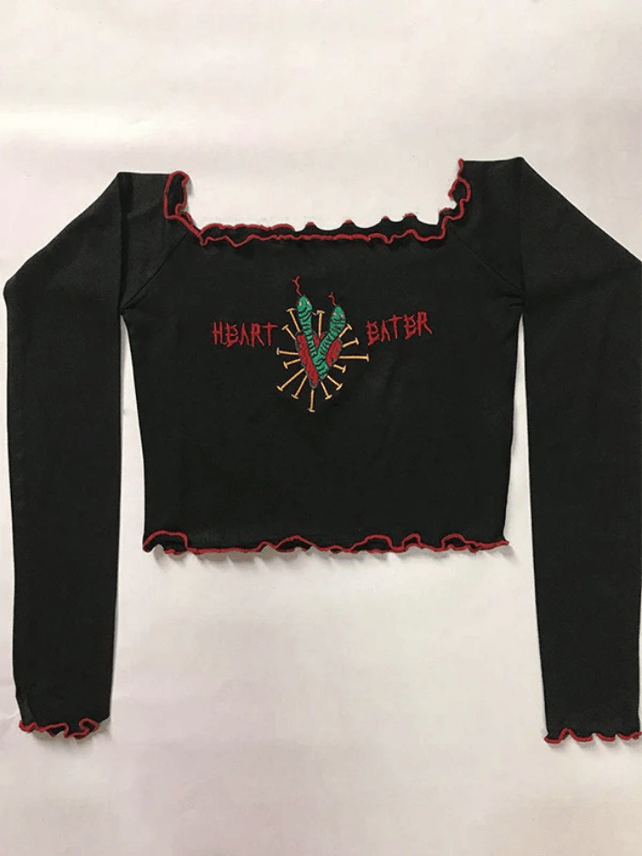 Vintage Embroidery Fungus Off Shoulder Long Sleeve Top