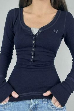 Vintage Embroidery Long Sleeve Tee - Y2K Aesthetic with Coquette & Grunge Vibes