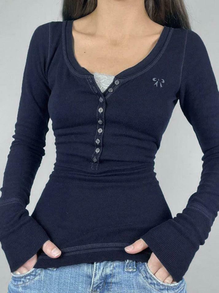 Vintage Embroidery Long Sleeve Tee - Y2K Aesthetic with Coquette & Grunge Vibes
