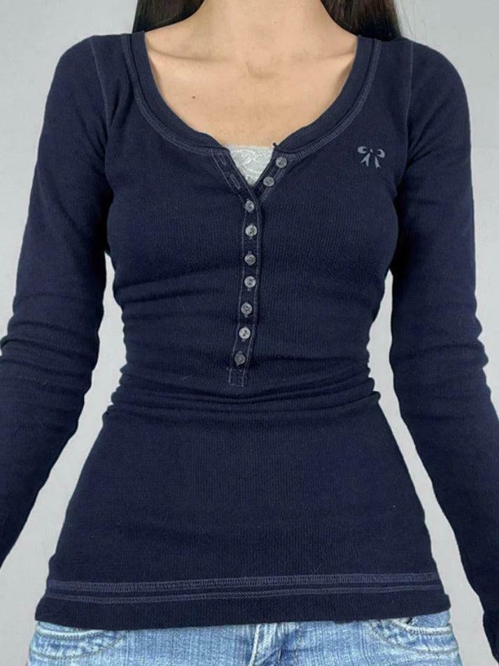 Vintage Embroidery Long Sleeve Tee - Y2K Aesthetic with Coquette & Grunge Vibes