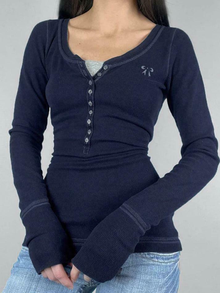 Vintage Embroidery Long Sleeve Tee - Y2K Aesthetic with Coquette & Grunge Vibes