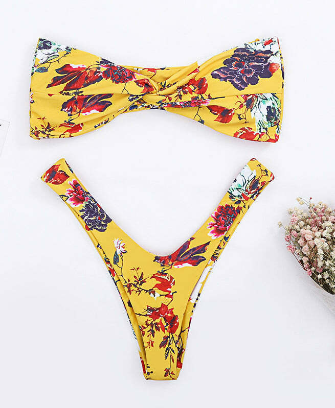 Vintage Floral Bandeau Bikini Set - Y2K Fashion Swimwear with Coquette Aesthetic and Grunge Style