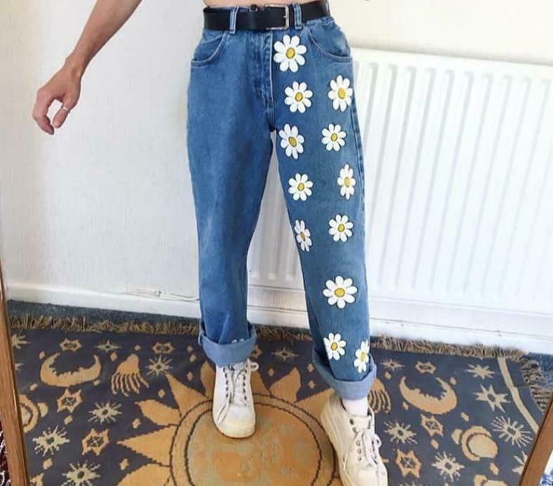 Vintage Floral Denim Jeans - Y2K Aesthetic Fashion for Women - Coquette Style Grunge Outfits