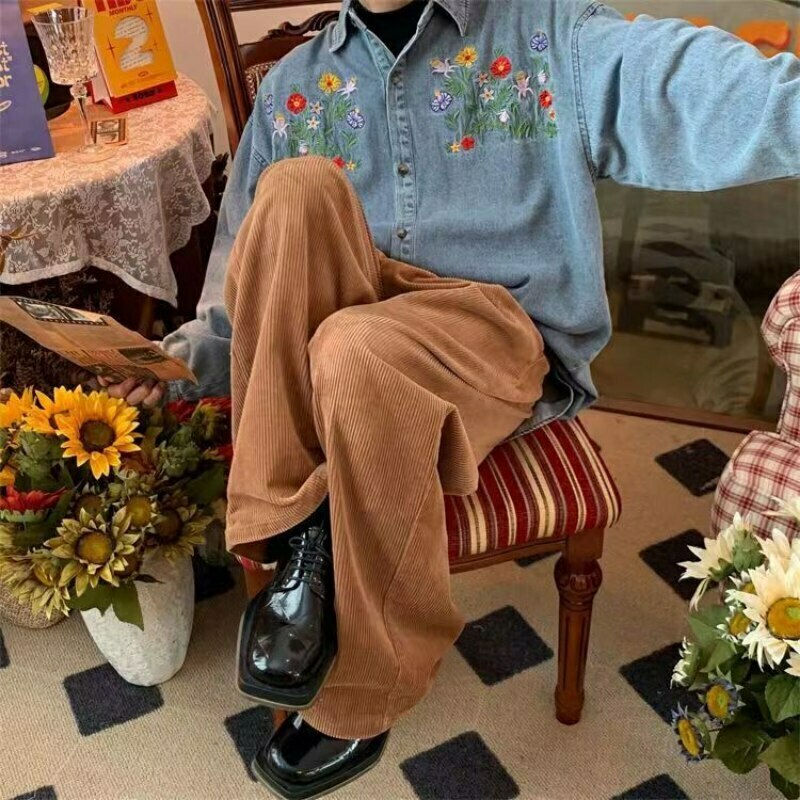 Vintage Floral Embroidery Denim Shirt - Y2K Aesthetic Unisex Fashion Piece