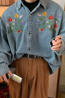 Vintage Floral Embroidery Denim Shirt - Y2K Aesthetic Unisex Fashion Piece