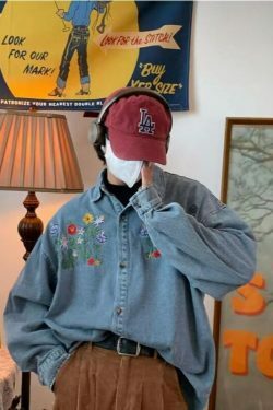 Vintage Floral Embroidery Denim Shirt - Y2K Aesthetic Unisex Fashion Piece
