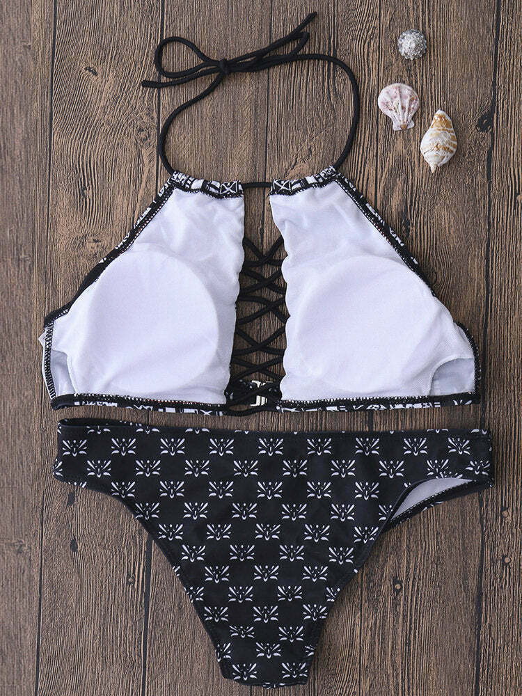 Vintage Floral High Neck Halter Bikini Set - Y2K Fashion Retro Print, Wireless Split Design