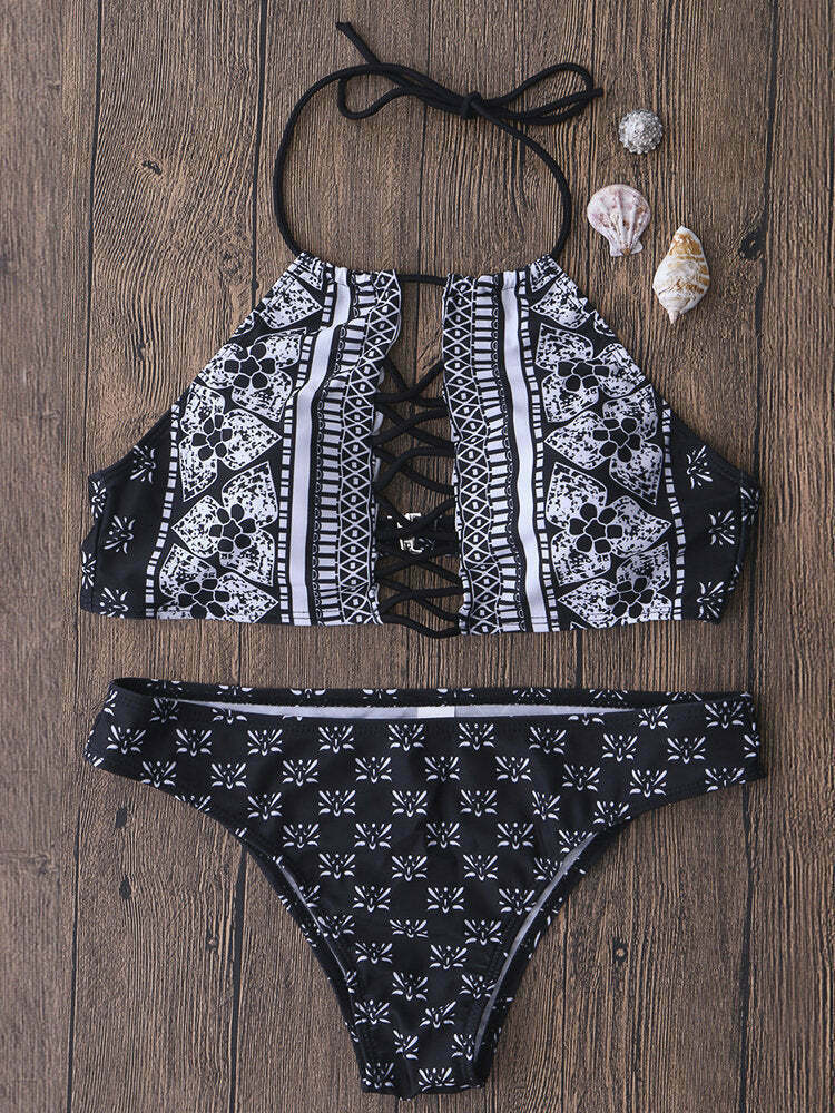 Vintage Floral High Neck Halter Bikini Set - Y2K Fashion Retro Print, Wireless Split Design